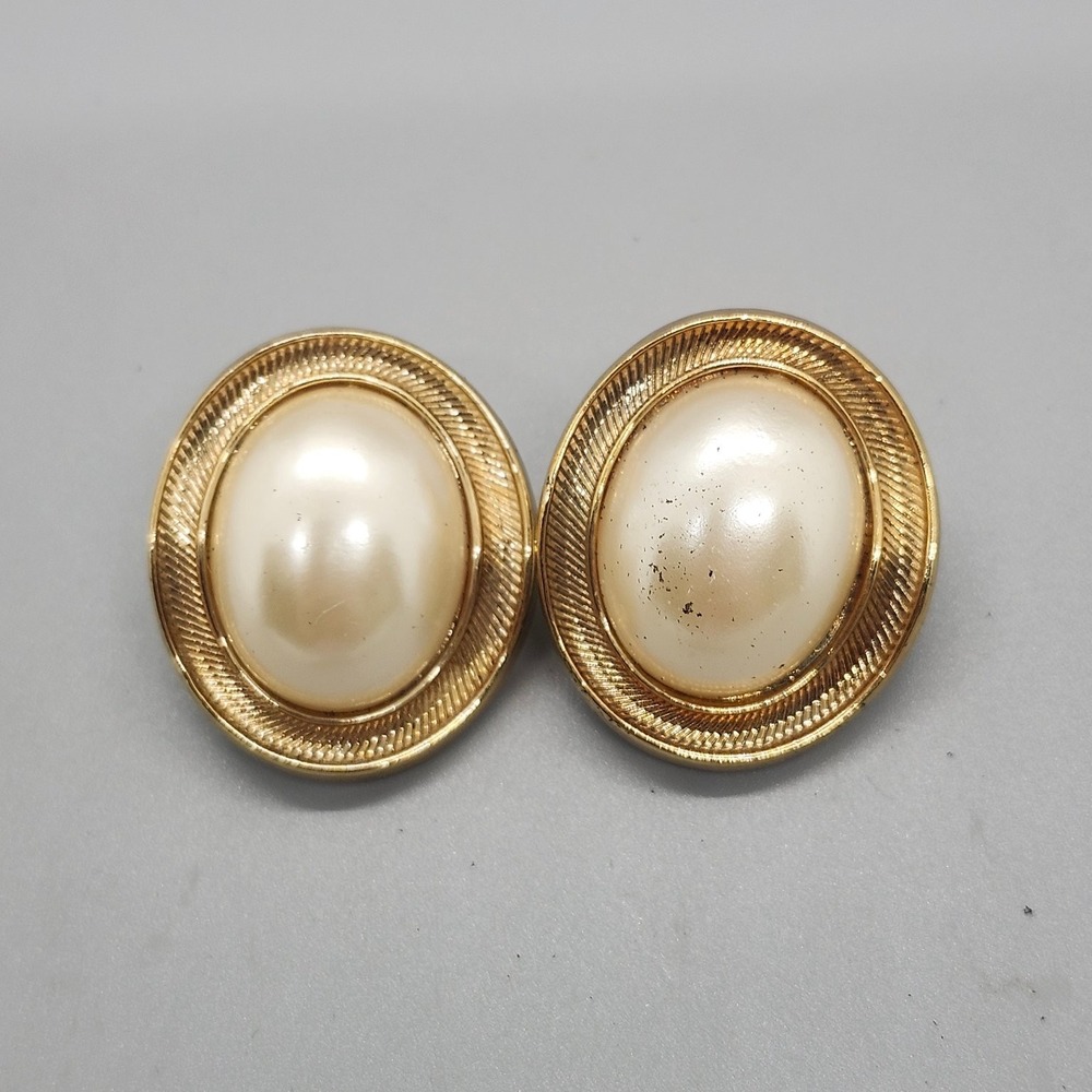 Avon Faux Pearl Button Stud Earrings 1" Round Gold Tone Vintage
